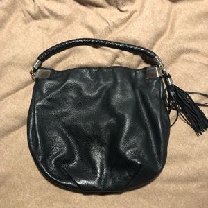 Halogen black leather shoulder bag with tassel